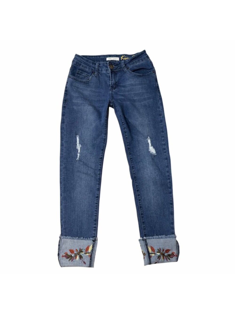 Angel + Premium Kim Fit Jeans Size 4 Embroidered Cuffed Hems Crop Capri Skinny - Picture 5 of 9